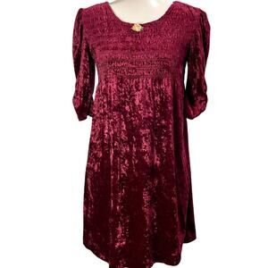 Vintage 1990s Jazz Kids Velvet Smocked Mini Dress Plum Red Size 7 / Small